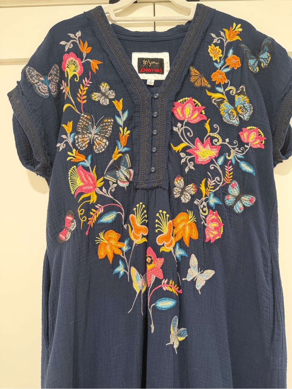Johnny Was Biya Navy Embroidered Butterfly Floral Tunic Dress Medium - Picture 4 of 13
